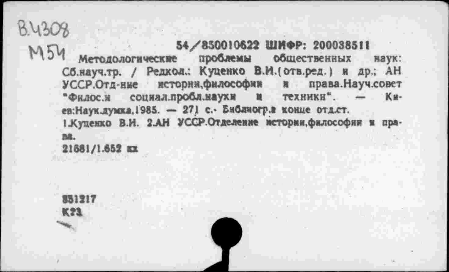 ﻿54/850010622 ШИФР: 200038511
’ Э I Методологические проблемы общественных наук: Сб.науч.тр. / Редкое.: Куценко В.ИДотв.ред.) и др.; АН УССР.Отд-ние истории,философии	в права.Науч.совет
•Фнлос.и социал.пробл.мухи а	техники*. — Ки-
ев: Наук лумка. 1985. — 271 с.- Библногр.« конце отдхт.
I Луценко В.И. 2ЛН УССРОтделение истории,философии ■ пра-
21681/1.652 ах
ПШ7 КП